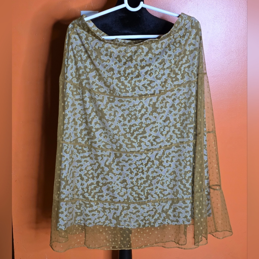 Logo By Lori Goldstein Sheer Olive Green Patterned Skirt